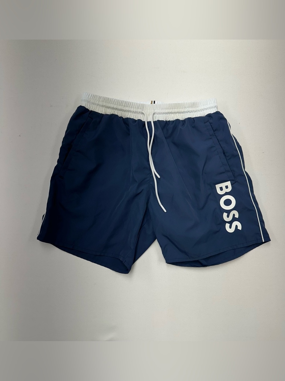 BOSS Beach Swim Shorts Men's Small Blue Logo Elastic Waist Drawstring